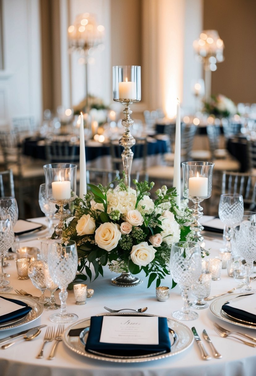 A lavish wedding table adorned with crystal glassware, silver candlesticks, and a stunning floral centerpiece