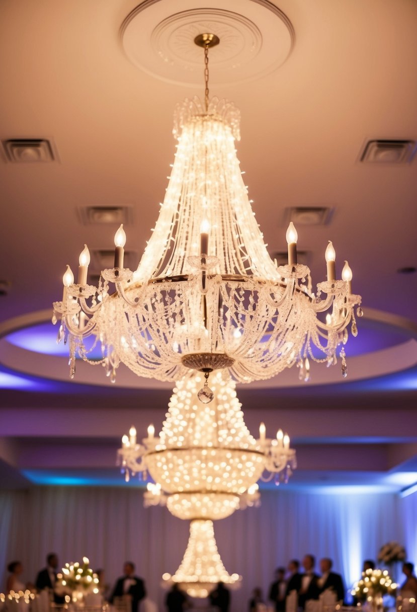 Glowing chandeliers adorned with twinkling fairy lights illuminate a romantic wedding reception