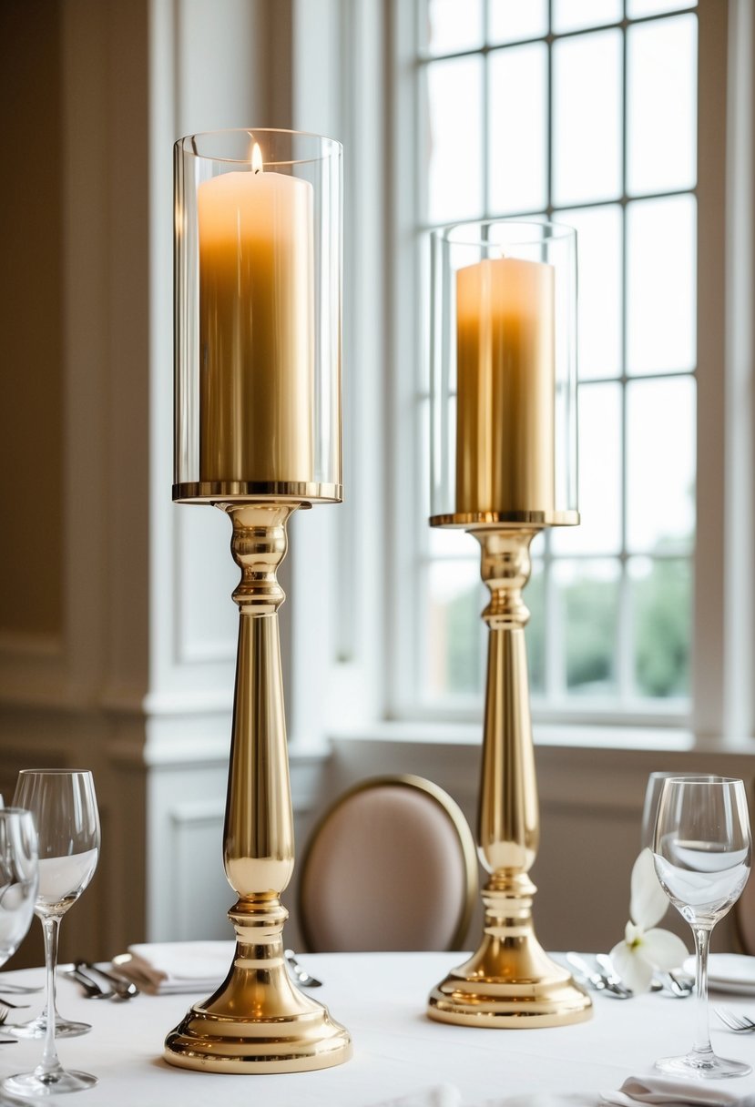 Two tall gold pillar candle holders stand on an elegant wedding table, creating a luxurious and romantic atmosphere