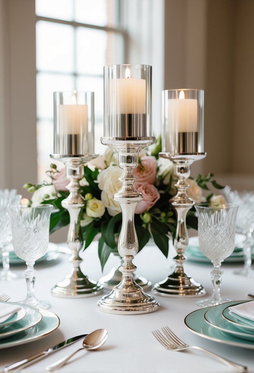 A table set with elegant sterling silver candlestick holders from Tiffany & Co., surrounded by delicate floral arrangements and sparkling crystal glassware