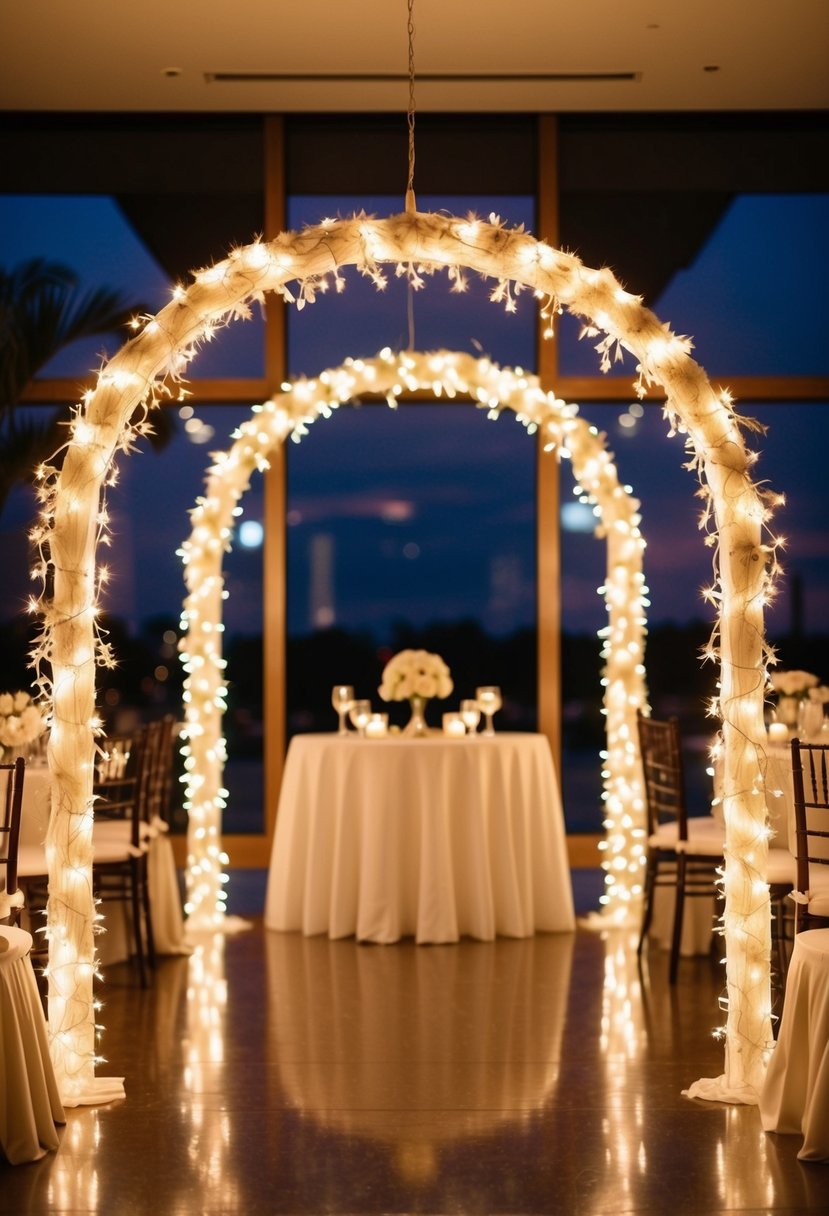 Fairy lights drape over elegant wedding arches at a romantic evening reception