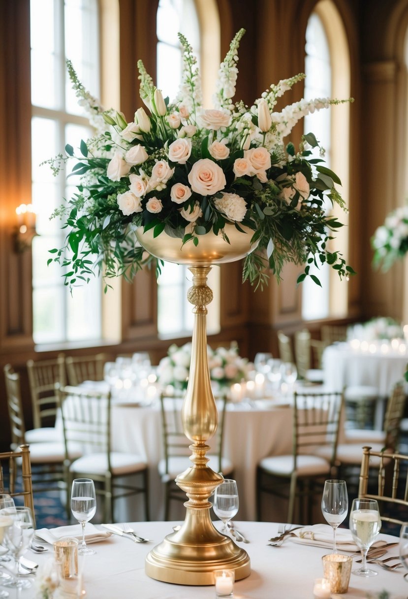 A grand gold stand holds elegant floral arrangements for a wedding table decoration