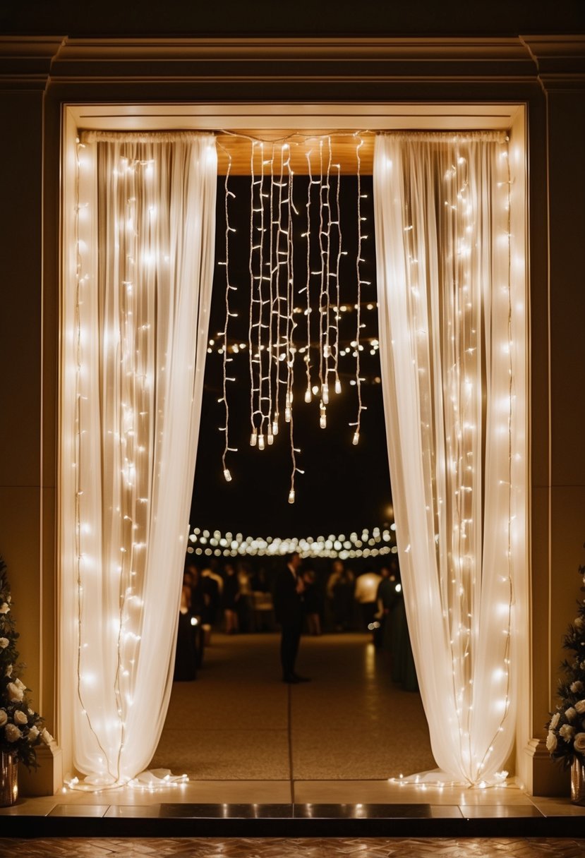 Fairy lights cascade like curtains at a wedding reception entrance