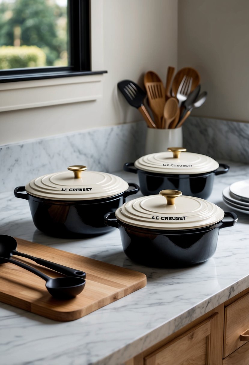 A beautifully wrapped Le Creuset cast iron set displayed on a marble countertop with elegant kitchen utensils nearby