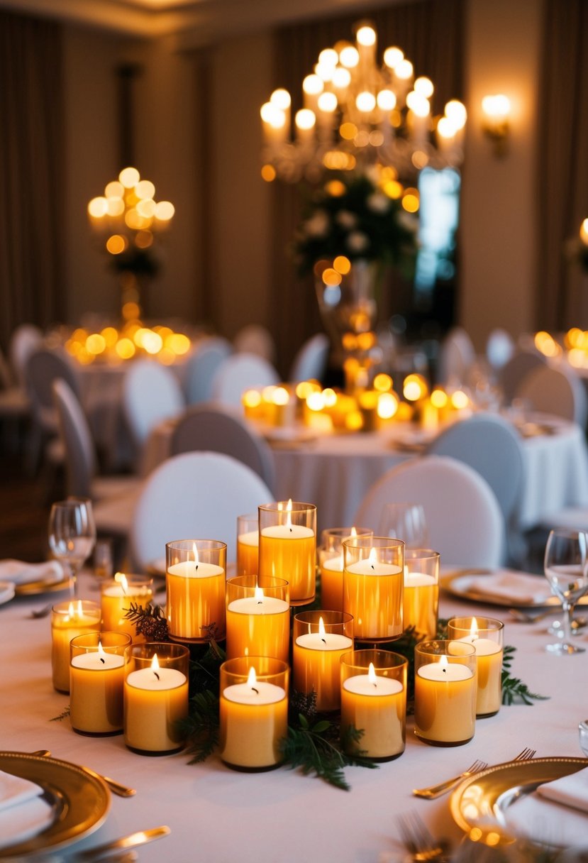 A cluster of golden-hued candles arranged on an elegant wedding table, creating a warm and luxurious ambiance