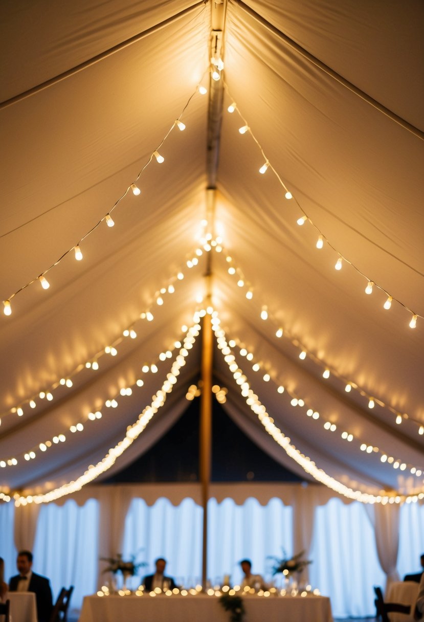 Fairy lights twinkle along the peaks of a wedding reception tent, creating a magical and enchanting atmosphere