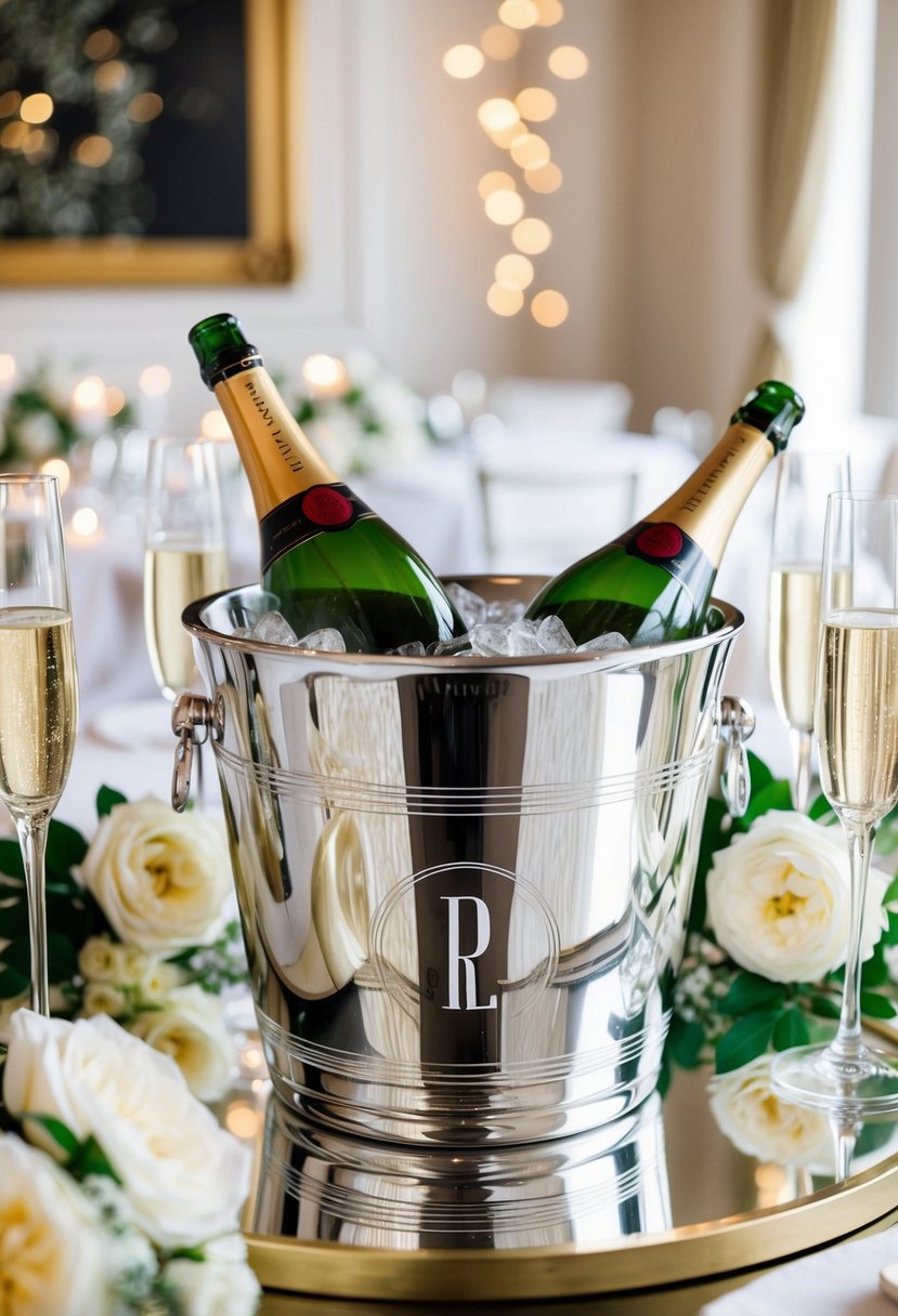 A luxurious monogrammed ice bucket by Ralph Lauren, surrounded by elegant wedding decor and champagne flutes