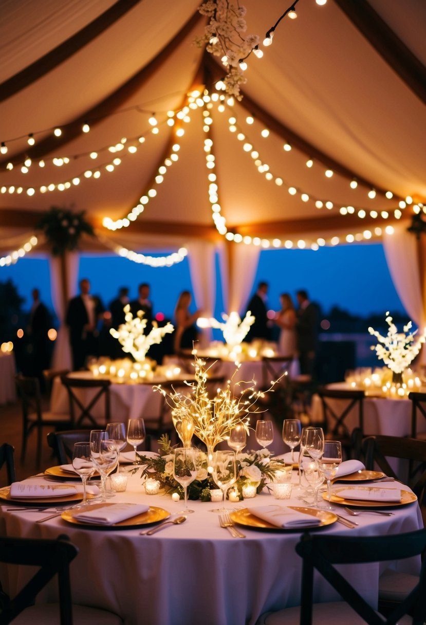 Glowing fairy lights illuminate table centerpieces at a whimsical wedding reception