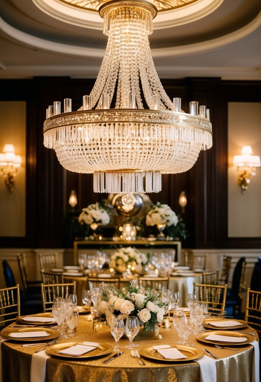 An opulent Gatsby-style chandelier hangs above an elegant gold wedding table, adorned with luxurious decorations