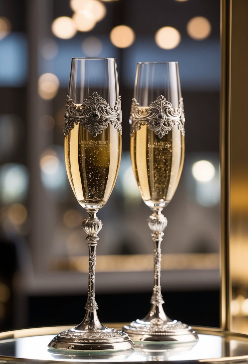 Two elegant champagne flutes adorned with intricate metalwork and delicate details, presented on a luxurious display stand