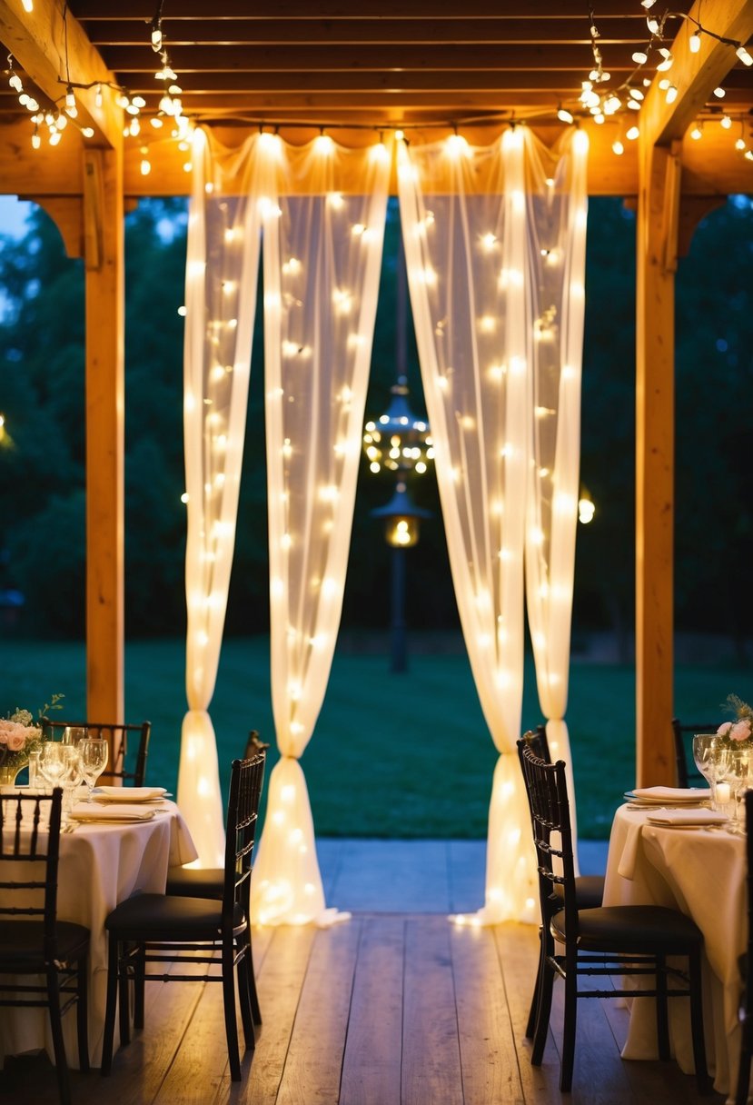 Fairy light curtains hang in a bistro-style setting, creating a warm and romantic ambiance for a wedding reception