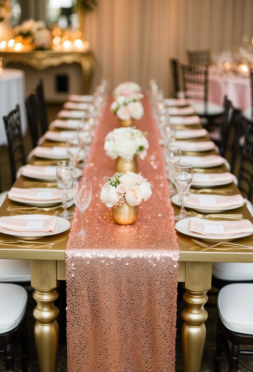 A pink and gold sequin table runner adorns an elegant gold wedding table