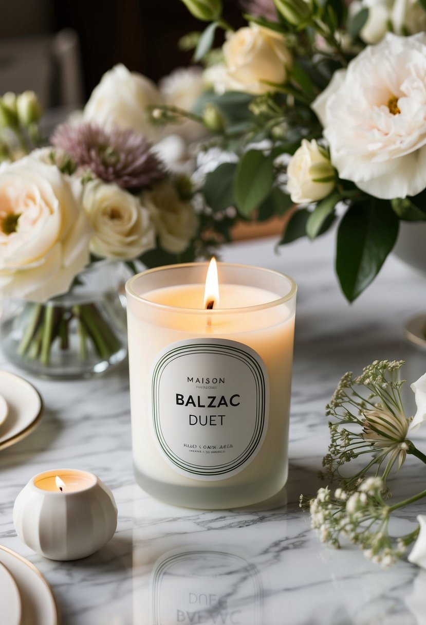 A beautifully wrapped Maison Balzac Duet Candle sits on a marble table, surrounded by delicate floral arrangements and elegant wedding decor