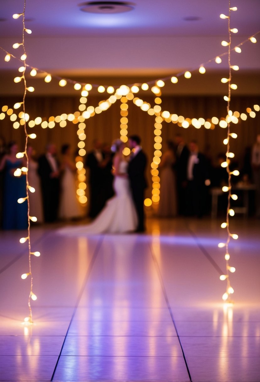 Fairy lights drape over a dance floor, casting a warm glow on a wedding reception