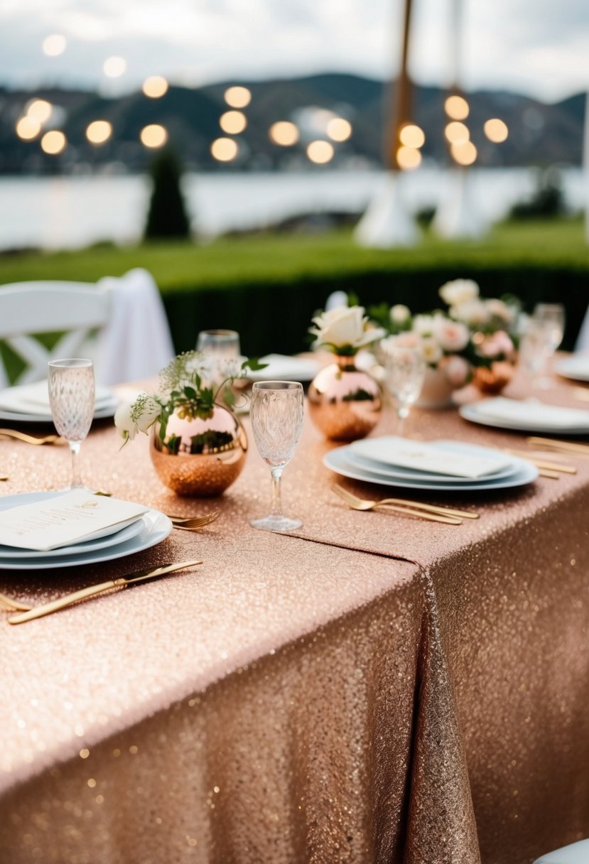 A rose gold glitter tablecloth adorns a table set with elegant gold wedding decorations