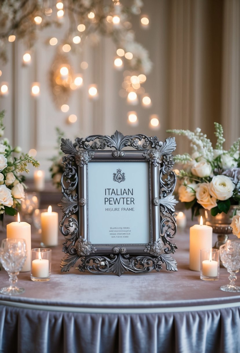 A lavish Italian pewter picture frame displayed on a velvet-lined table, surrounded by soft candlelight and delicate floral arrangements