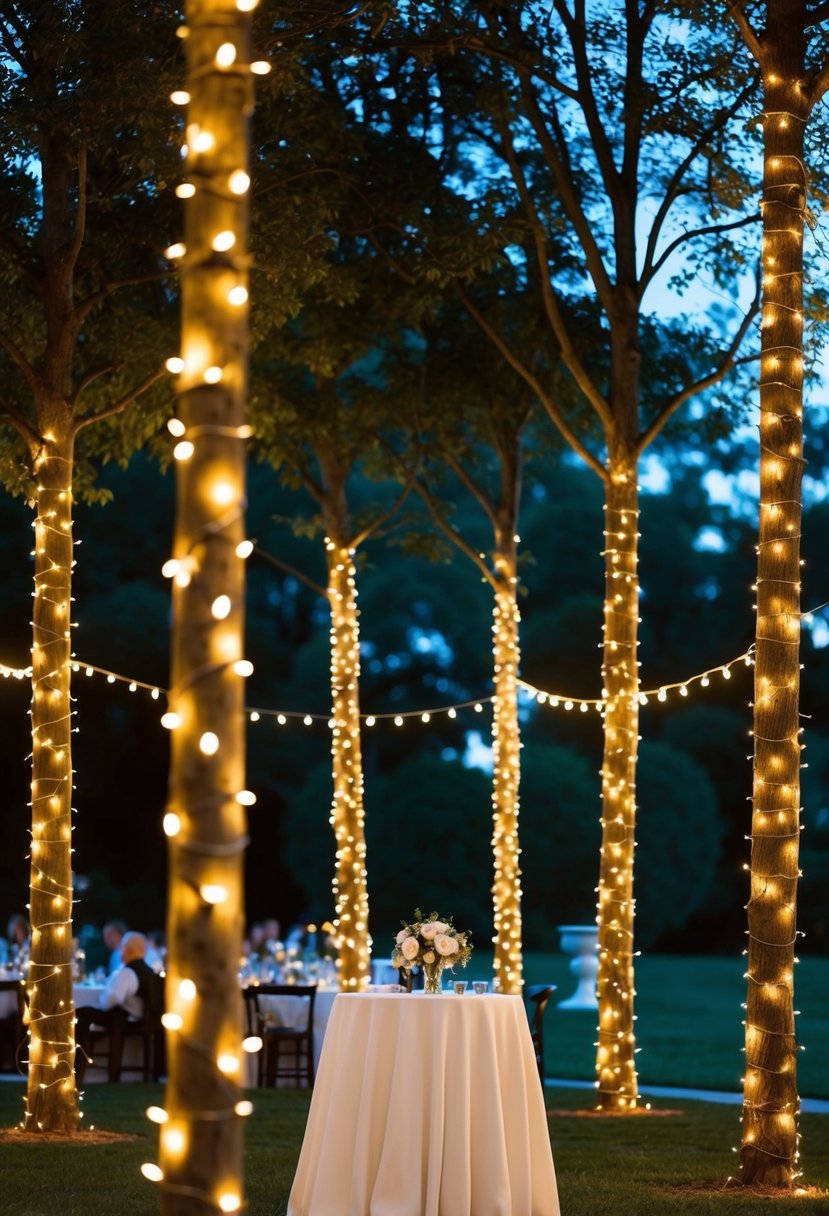 Fairy lights wrapped around tall outdoor trees, illuminating a romantic wedding reception