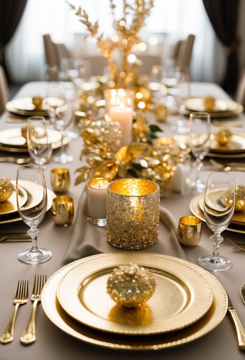 Thrifted items adorned with shimmering gold leaf, creating an elegant and opulent wedding table decoration