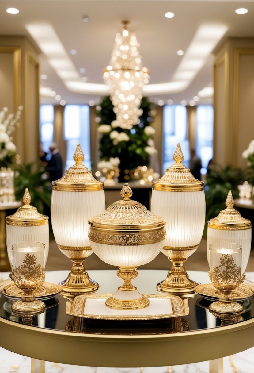 A lavish home decor set displayed in a luxurious setting at Saks Fifth Avenue, perfect for a wedding gift