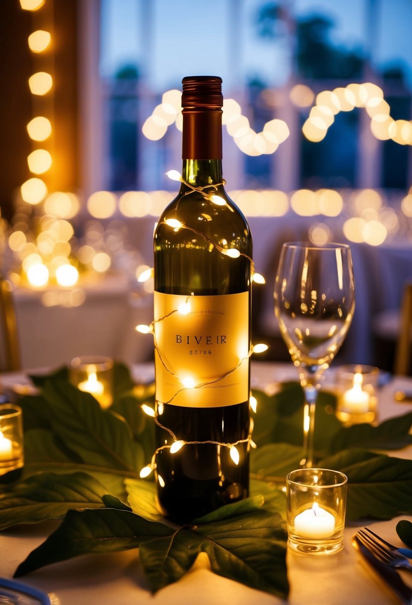 A wine bottle adorned with fairy lights creates a warm and romantic ambiance at a wedding reception