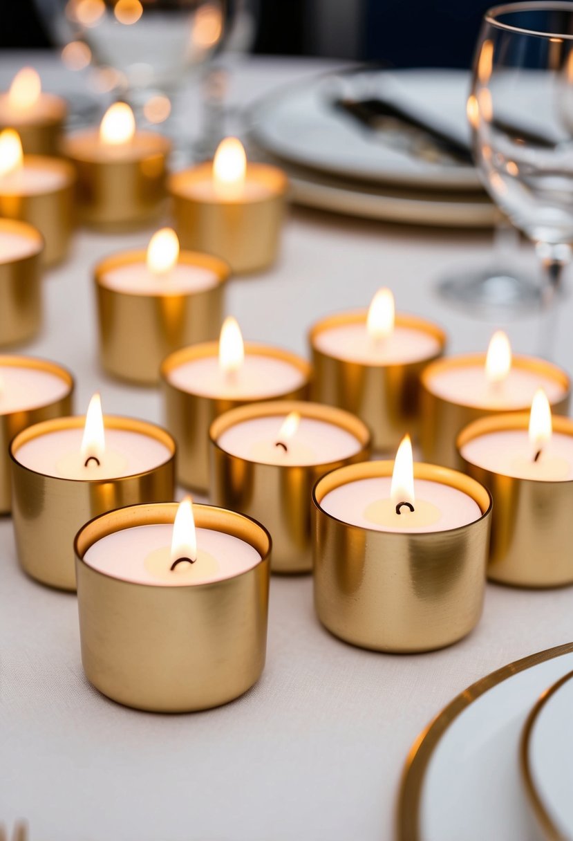 A cluster of gold votive holders with lit tealights adorn the elegant wedding table