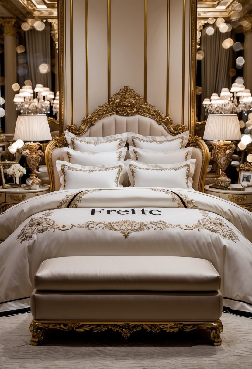 A sumptuous bed with Frette luxury bedding, adorned with elegant details and surrounded by opulent decor