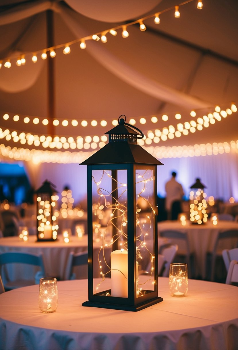 Lanterns adorned with twinkling fairy lights illuminate a romantic wedding reception