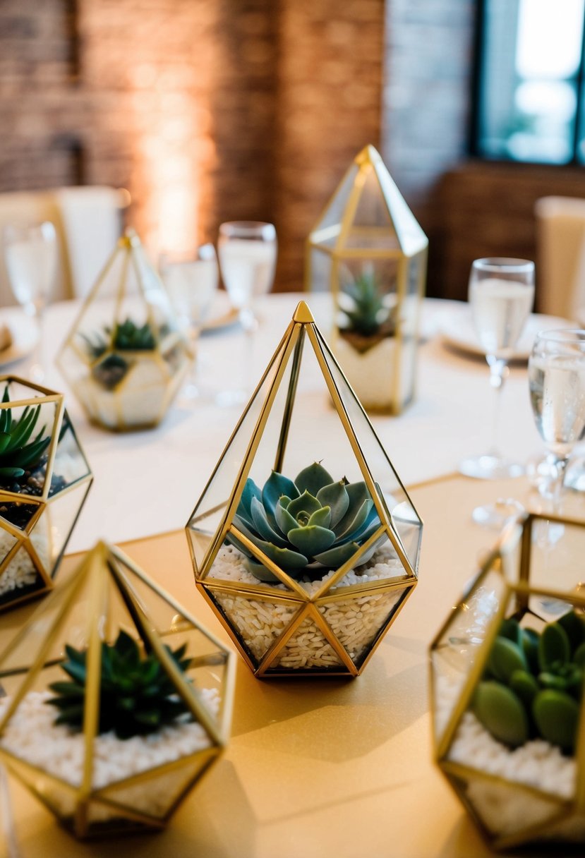 Elegant gold geometric terrariums with succulents adorn a wedding table