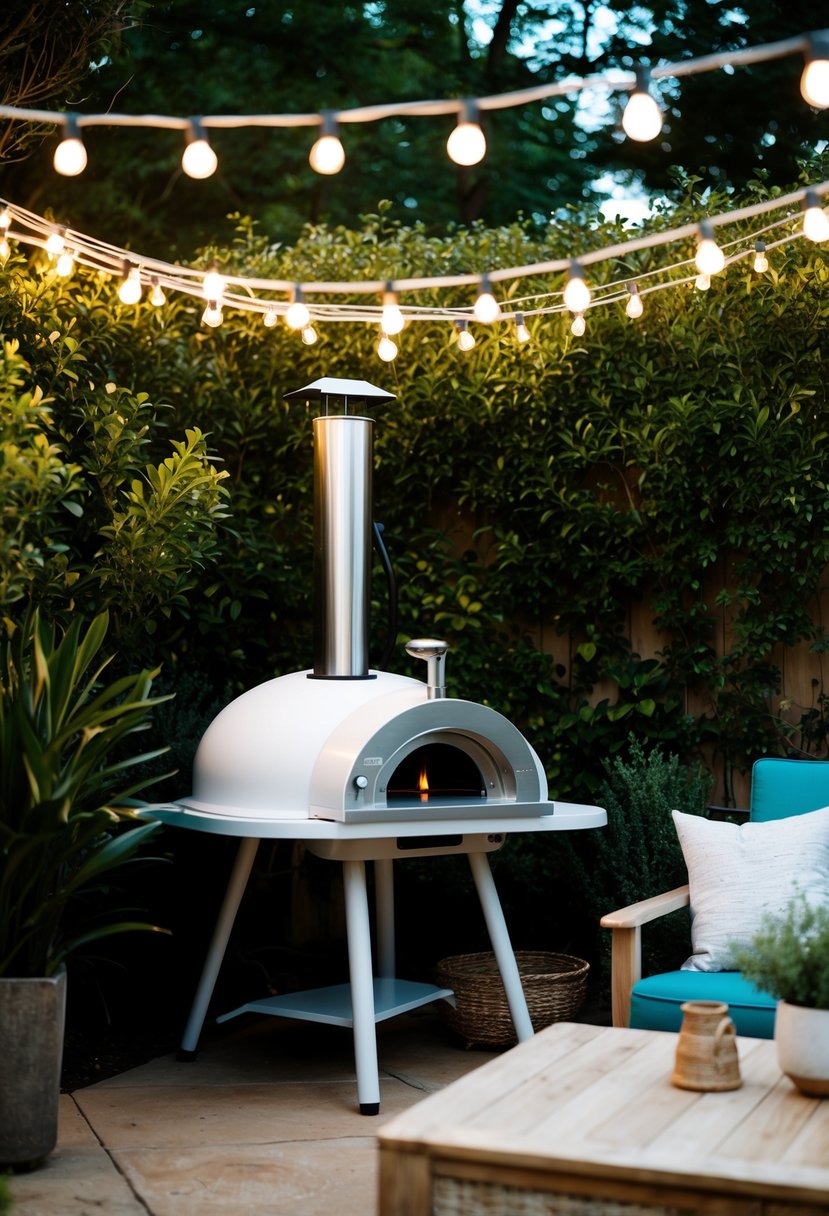 A cozy backyard with a stylish Ooni pizza oven, surrounded by lush greenery and twinkling string lights, creating a romantic and intimate atmosphere