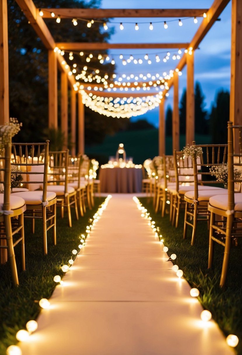 Fairy lights create a magical pathway through an outdoor wedding reception venue, illuminating the surroundings with a warm and enchanting glow