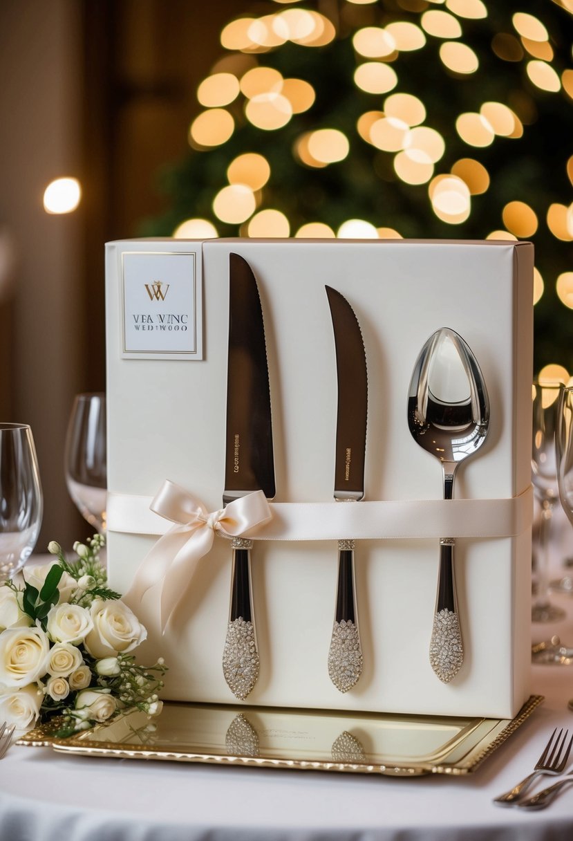 A beautifully wrapped Vera Wang Wedgwood Cake Knife and Server Set displayed on a luxurious wedding gift table