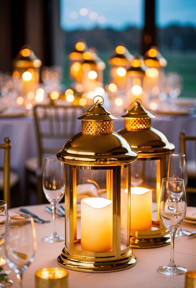 Gold-finished lanterns adorn a wedding table, casting a warm and elegant glow