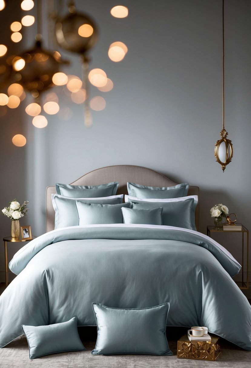 A luxurious European linen duvet set displayed with elegant packaging and decorative accessories