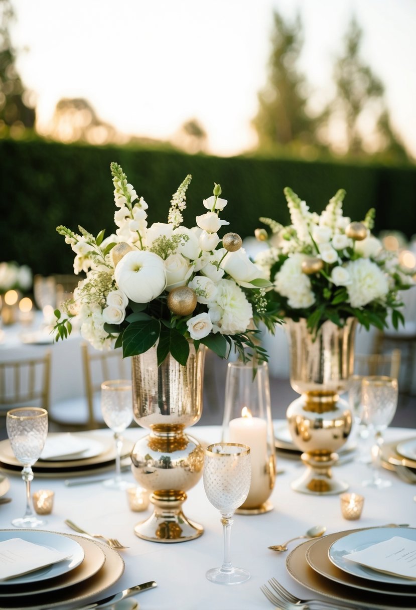 Elegant gold and white floral arrangements in mercury glass vases adorn a wedding table