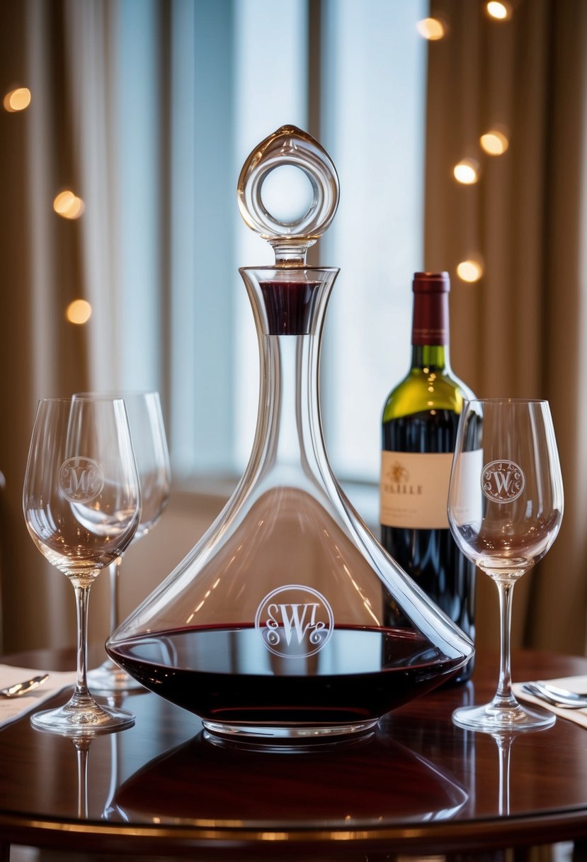 A sleek, monogrammed wine decanter sits on a polished wooden table, surrounded by elegant wine glasses and a bottle of red wine