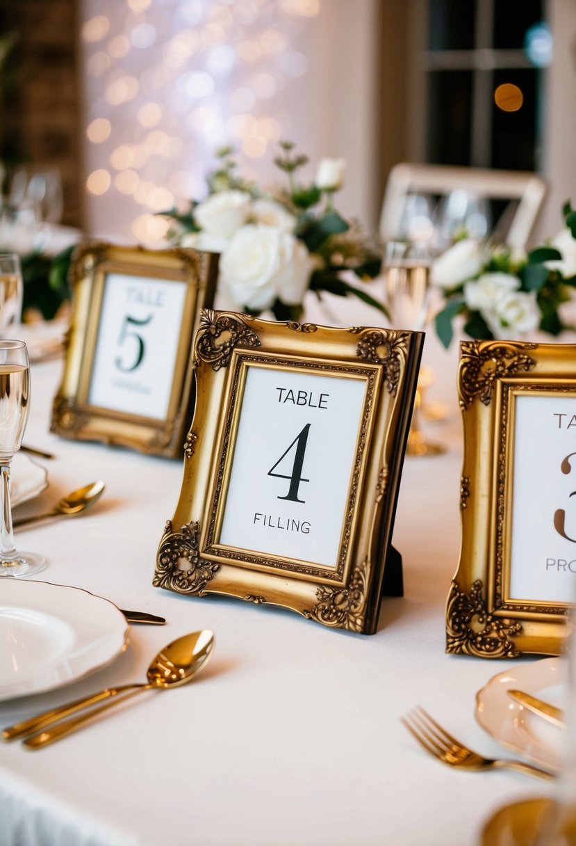 Elegant antique gold frames with table numbers arranged on a beautifully decorated wedding table