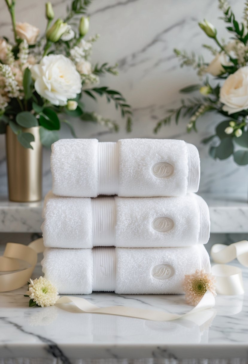 A stack of plush, white cotton bath towels with a subtle embroidered logo sits on a marble countertop, surrounded by delicate floral arrangements and elegant ribbon