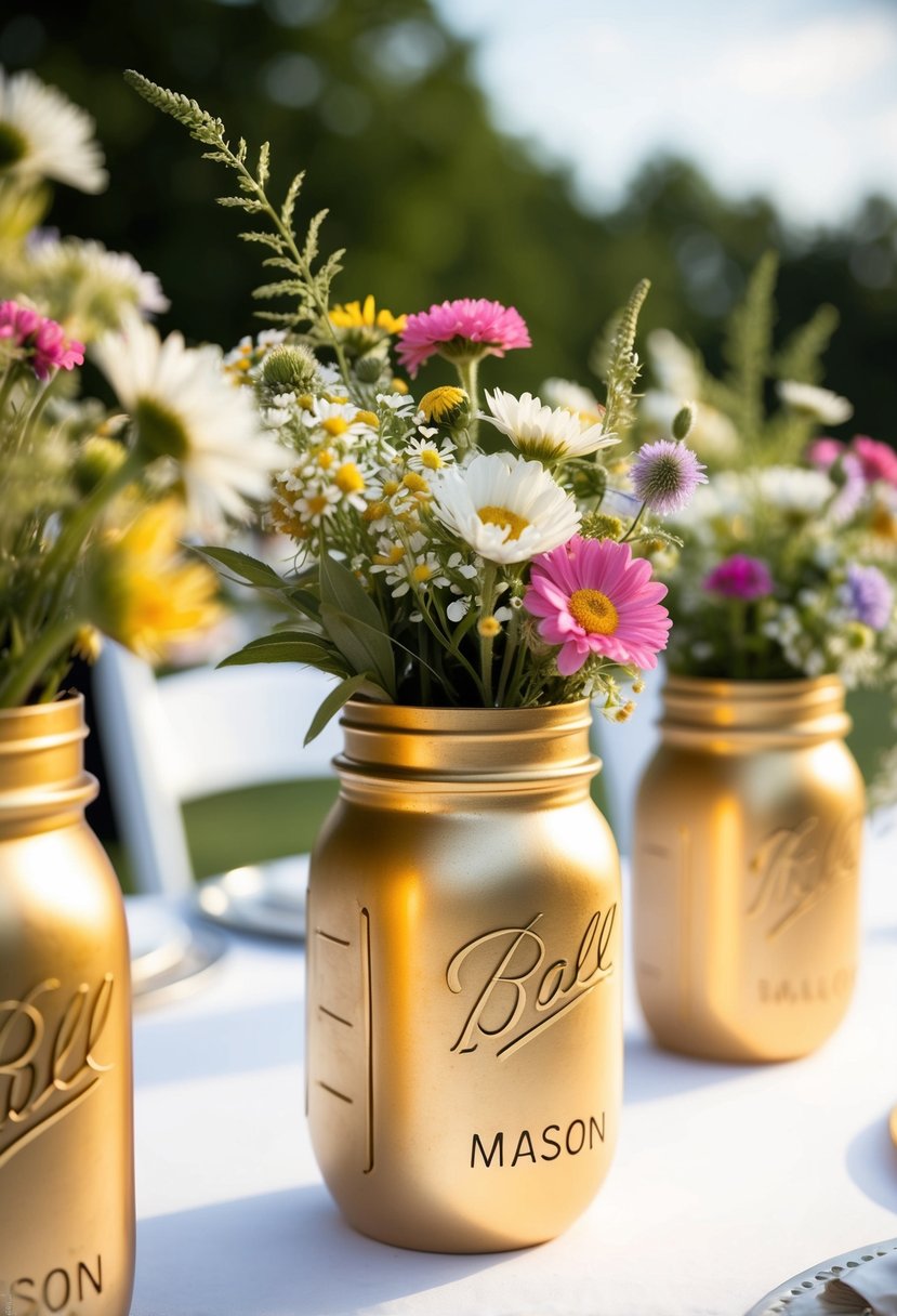 Elegant gold-painted mason jars filled with wildflowers as wedding table decoration