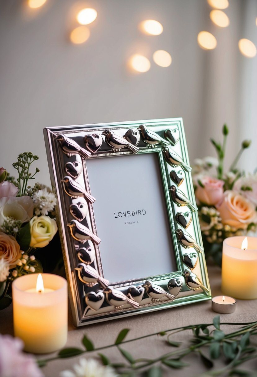 A silver photo frame adorned with lovebird motifs, surrounded by delicate floral arrangements and soft candlelight