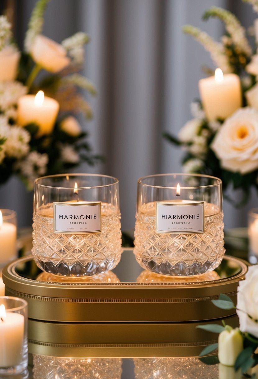 Two elegant Harmonie Double Old Fashion Tumblers displayed on a luxurious wedding gift table, surrounded by soft candlelight and delicate floral arrangements