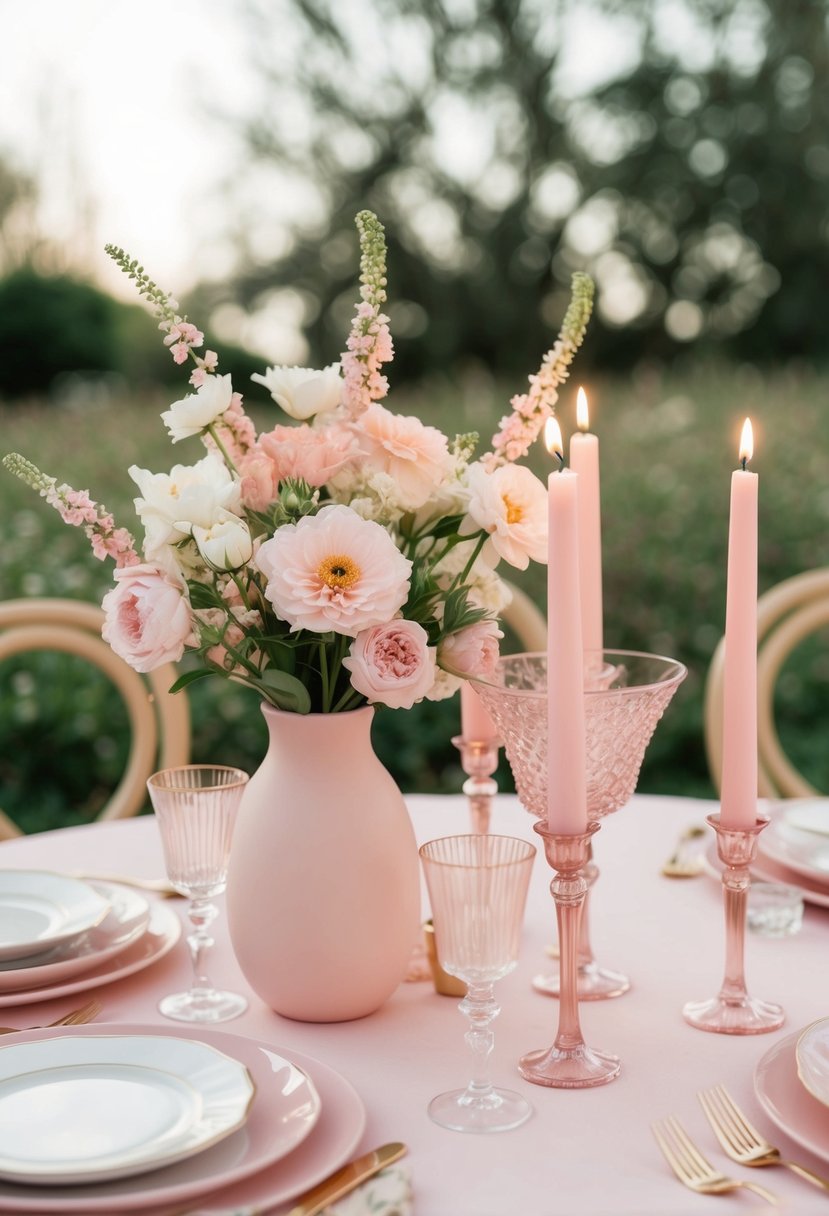 A light pink table adorned with delicate flowers and candles