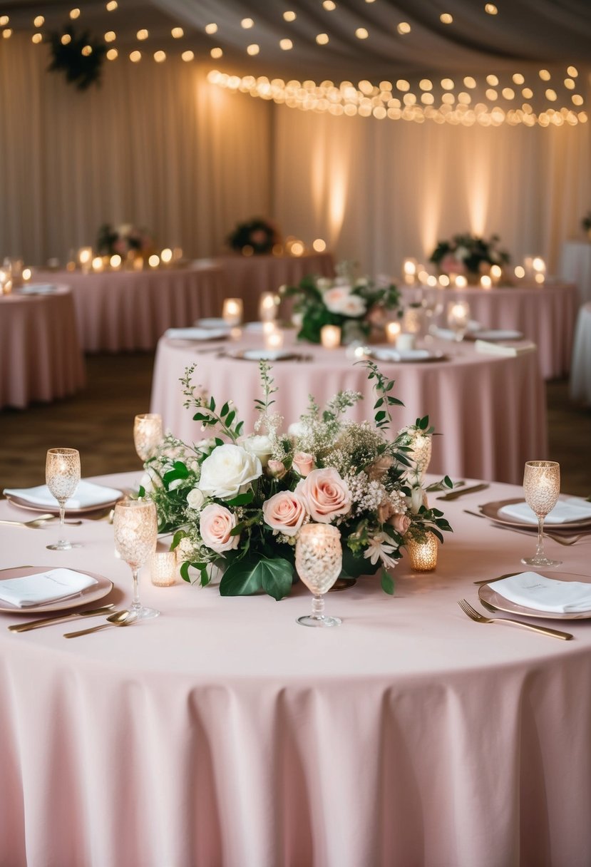 Blush pink table cloths cover a wedding reception table, adorned with delicate floral centerpieces and shimmering candlelight