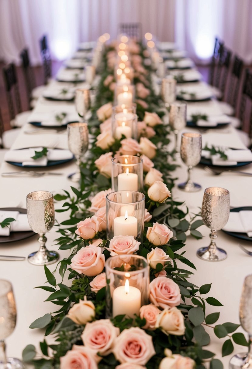 Dusty rose runners cascade down a table adorned with light pink floral centerpieces and delicate silver candle holders, creating an elegant wedding reception setting