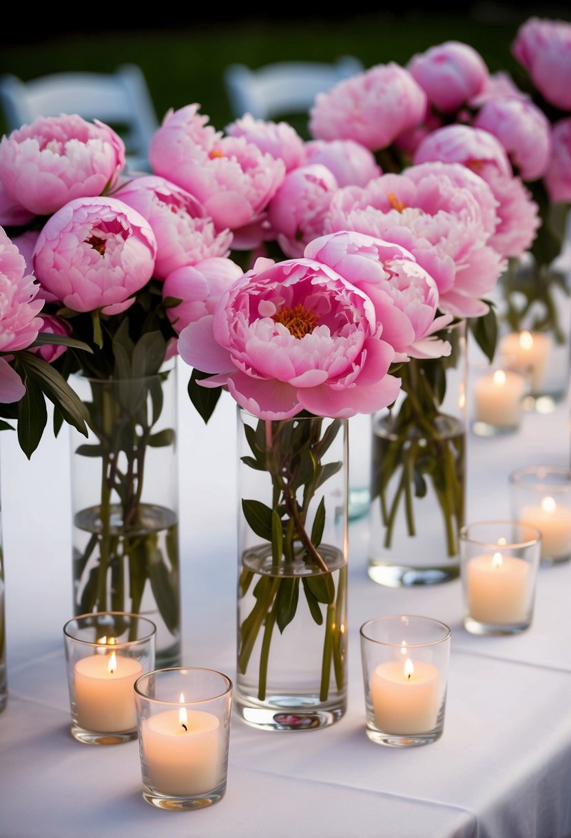 Pink peonies arranged in glass vases atop white tablecloths, surrounded by soft candlelight