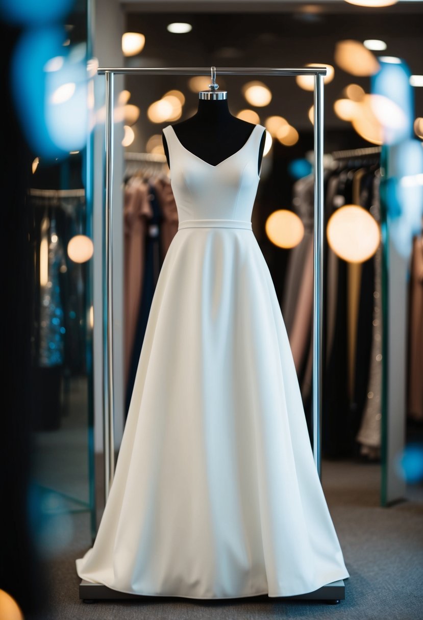 A simple white gown on a sleek display stand