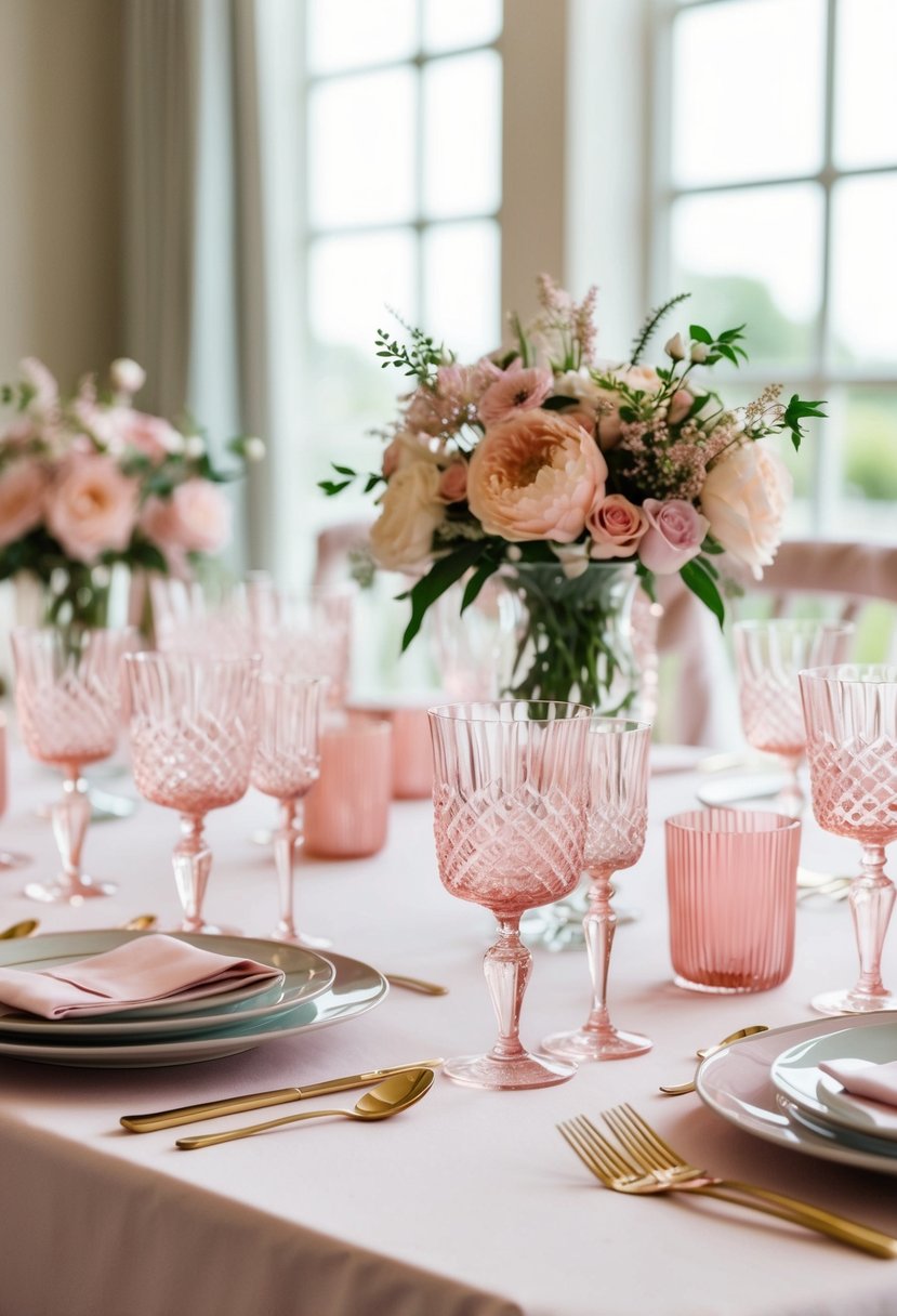 A table set with light pink crystal glassware, adorned with delicate pink wedding decorations