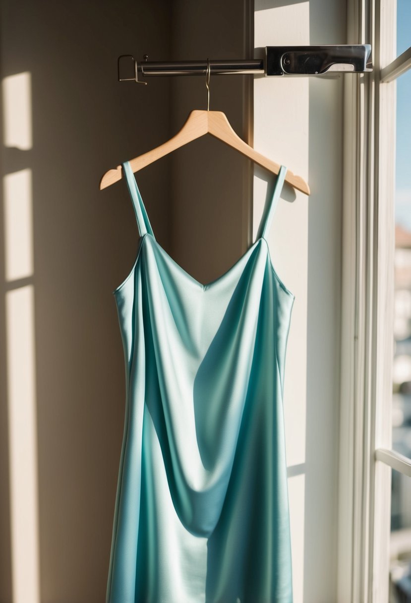 A soft, satin slip dress drapes over a hanger, casting a delicate shadow in soft, natural light