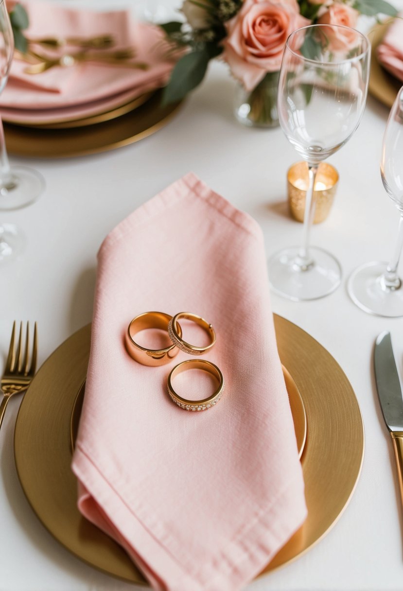 Light pink napkins with gold rings arranged on wedding table