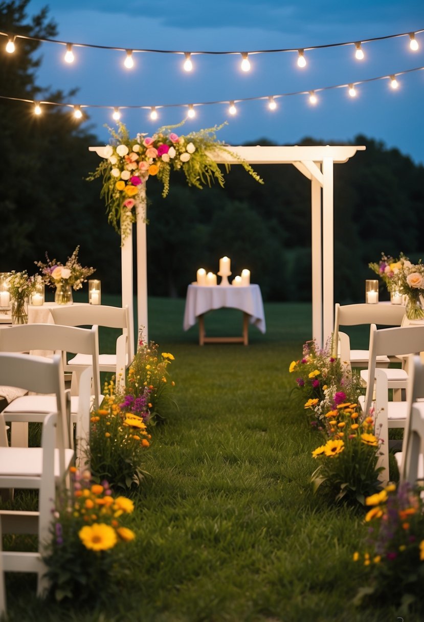 A charming outdoor ceremony with colorful wildflowers, a simple arbor, and string lights creating a romantic ambiance. Tables adorned with DIY centerpieces and twinkling candles under a starry sky