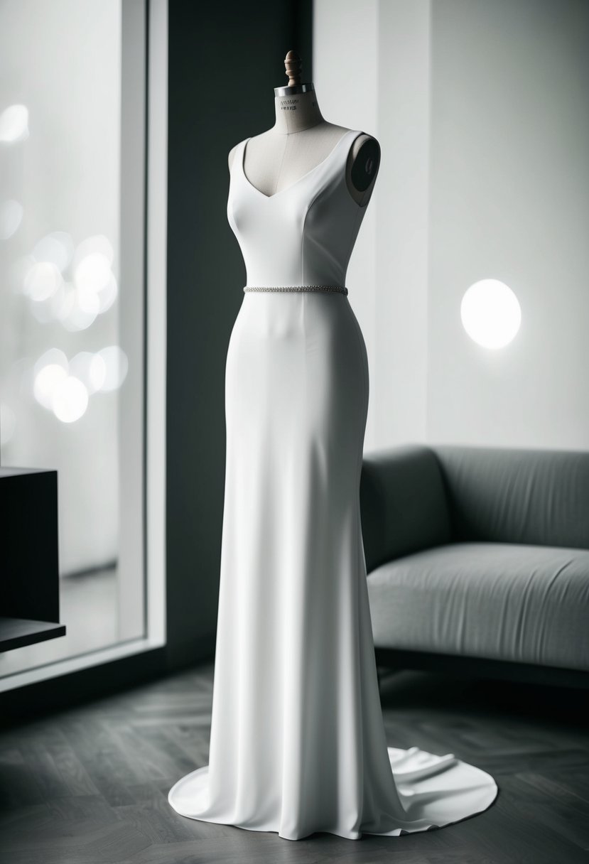 A sleek, minimalist crepe column gown drapes elegantly on a mannequin, with clean lines and simple details